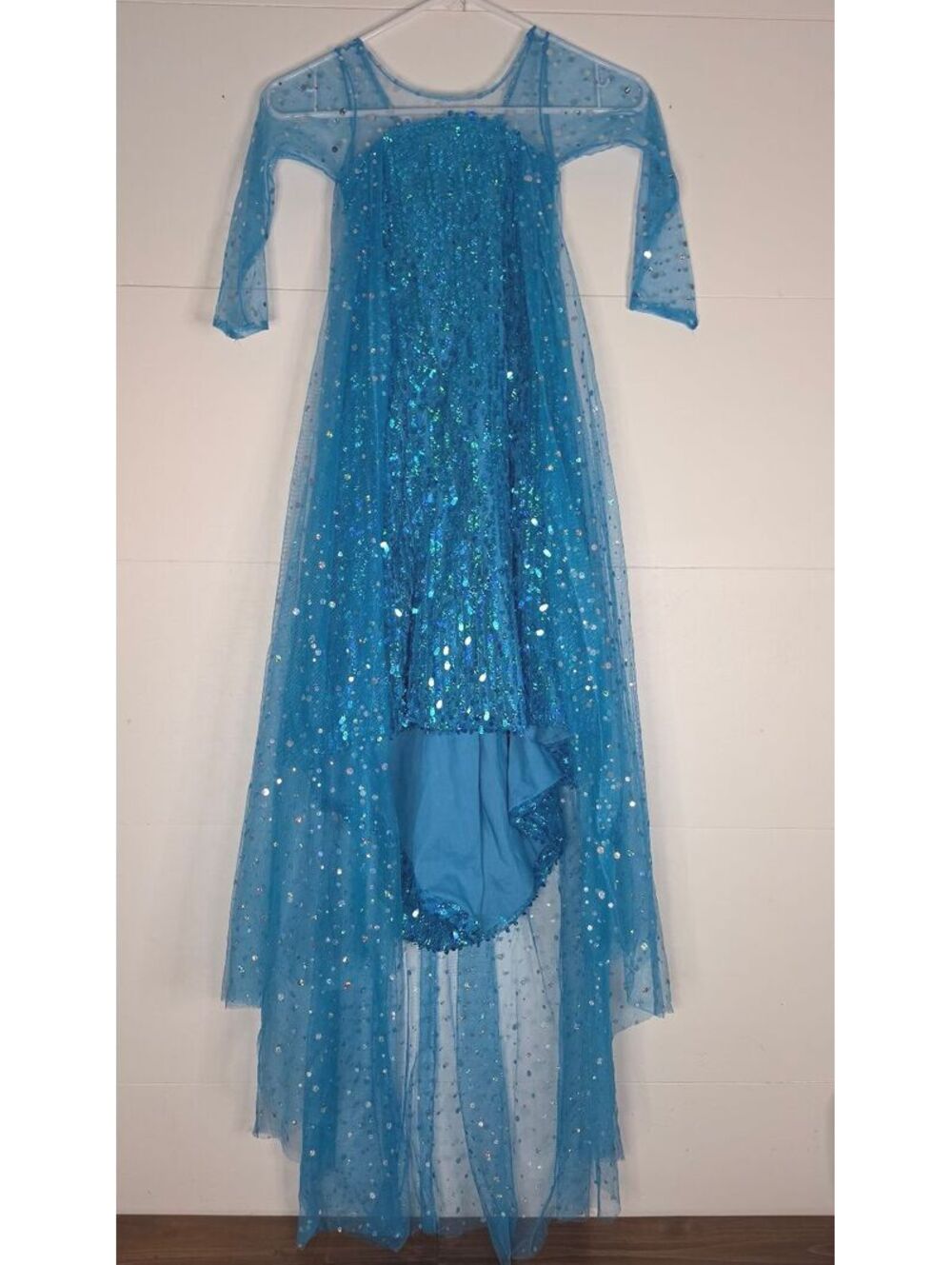 Girls Frozen Princess Costume Dress Blue Sequin Mesh Cape High-Low Size Lrg